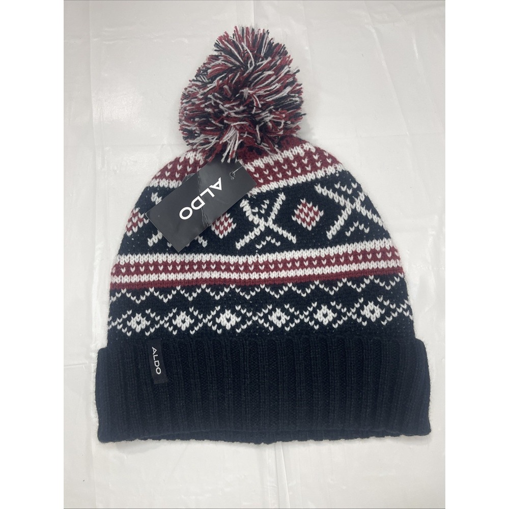 ALDO Winter Hat Beanie Cap with Puff Ball One Size Black White Red New with Tags